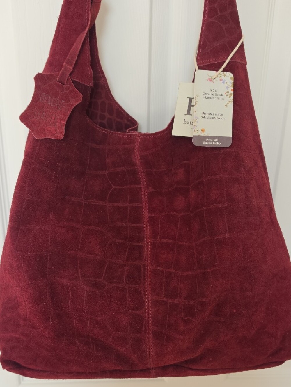 Handmade Suede Croc-Embossed Hobo Bag - Burgundy - Picture 2 of 7